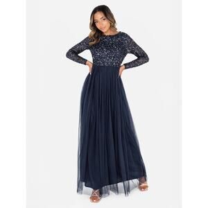 Maya Deluxe Women's Maya‎ Embellished Long Sleeve Maxi Dress, Navy Size 2 Petite